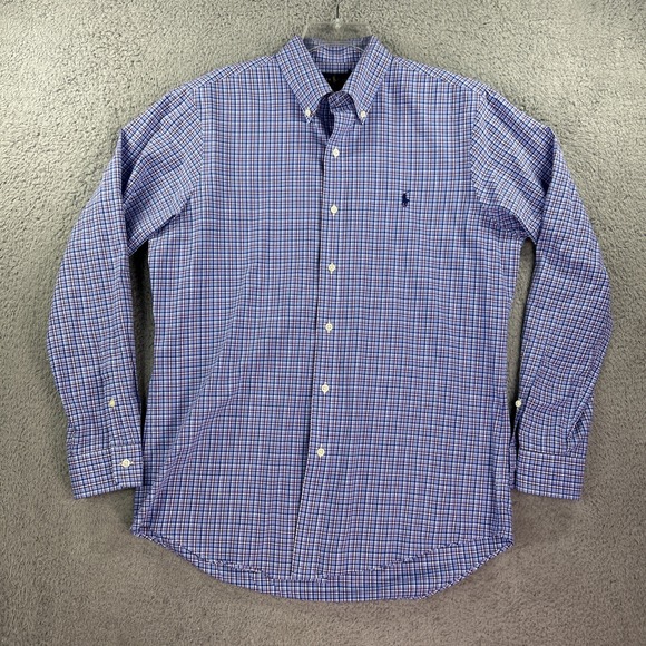 Ralph Lauren‎ Shirt Mens Medium Blue Purple Check Classic Stretch Oxford Dress - Picture 1 of 6